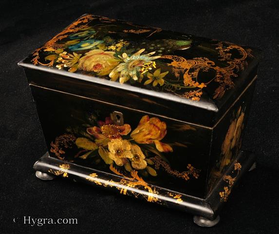 -Papier Mch caddy beautifully painted with depictions of a peacock and flowers. Enlarge Picture